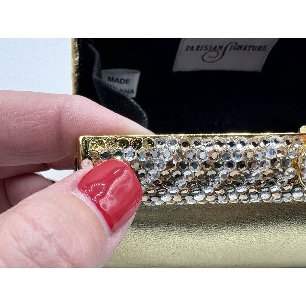 Evening Gold Leather Faux Leather Structured Rhinestone Shoulder Bag Chain Small - Picture 10 of 10